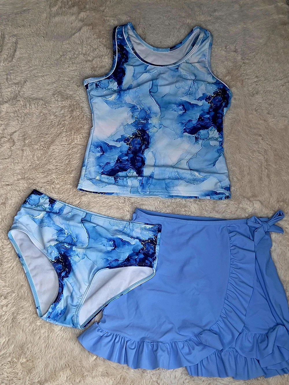 Girls Lovekider Blue Marble Print 3-Piece Swimsuit Set Size 12